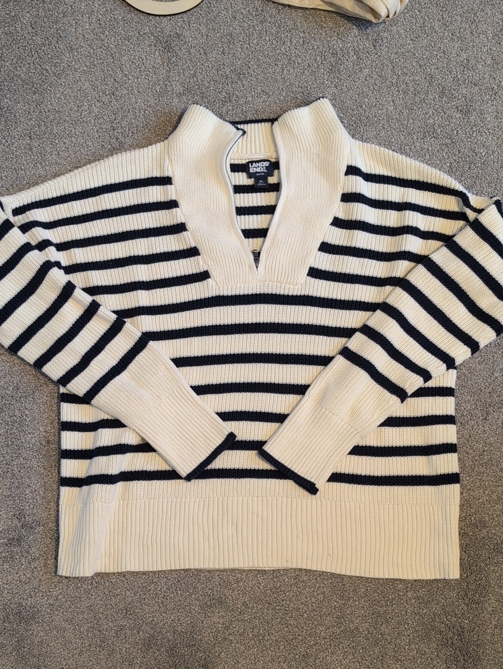 Lands' End Cream and Navy Striped Quarter-Zip Sweater
